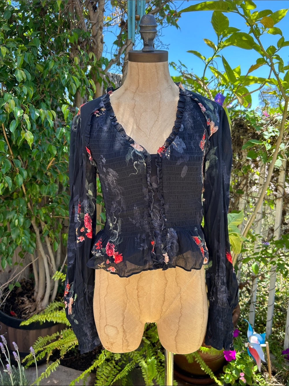 All Saints Black Floral Smocked V‑Neck Peplum Blouse